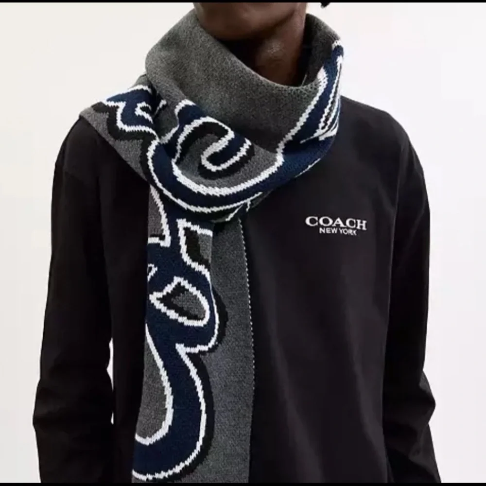 Coach Script Print Knit Muffler Gray‎ & Red Scarf NWT Unisex